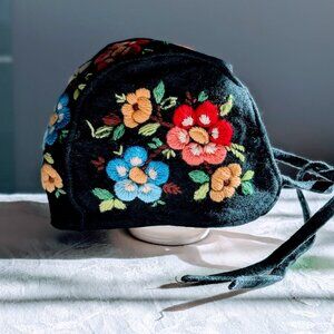 Antique European Folk Cap 1-2y Floral Embroidered Baby Girl Hat Winter Black